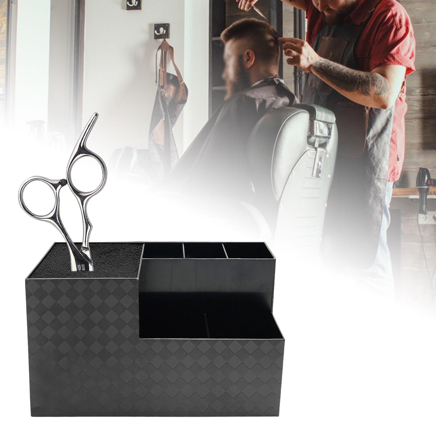 LeeQinersw Haircut Tool Holder Hairdressing Tool Storage Box Salon Shear Organizer Hair Stylist Holder with Thickened Hygienic Sponge And Non Slip Base Suitable, black