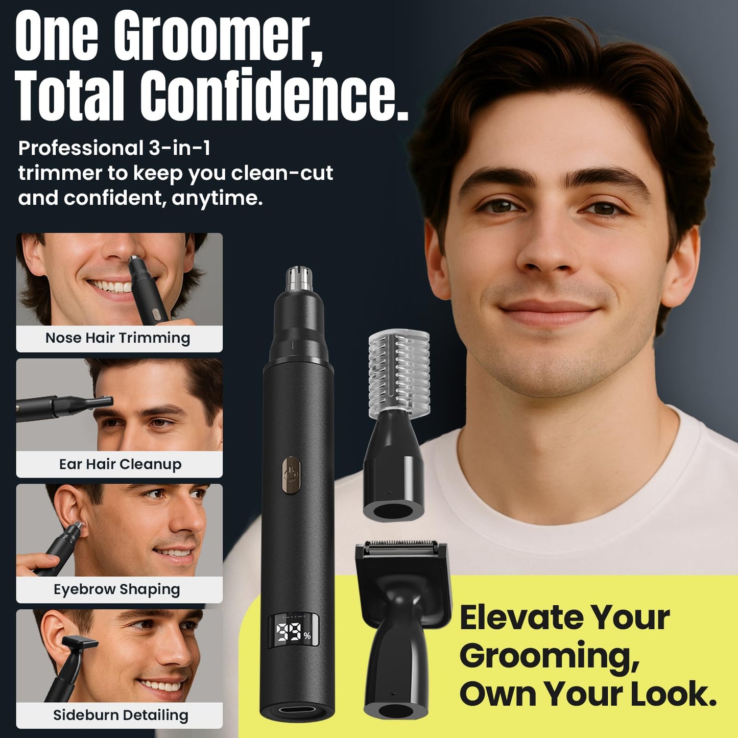 Kynor 3-in-1 Nose Hair Trimmer for Men & Women – Electric Ear and Nose Hair Trimmer, Eyebrow Trimmer, USB-C Rechargeable Facial Hair Removal Device, Stainless Steel Blades, Digital LED Display