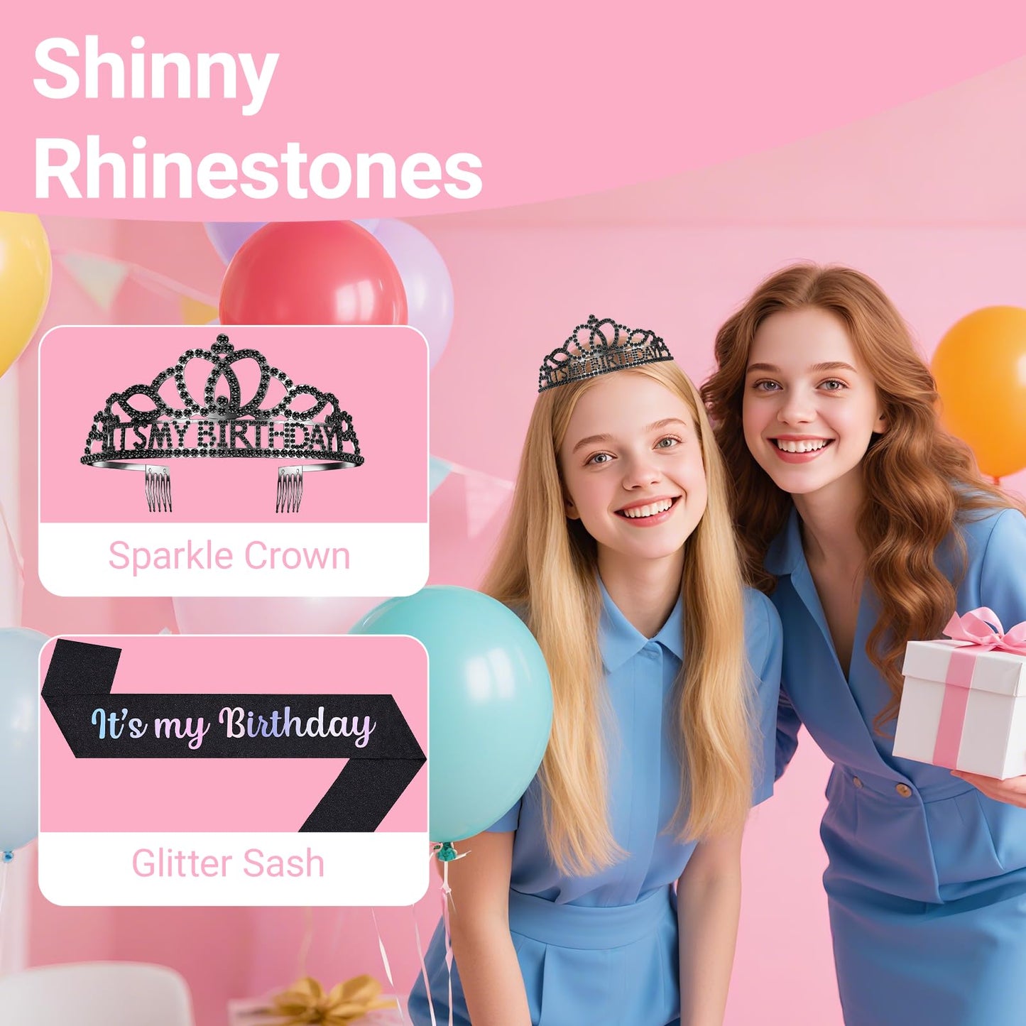 Papoopy Birthday Tiara and Crown with Sash, Birthday Tiara for Women Party Black