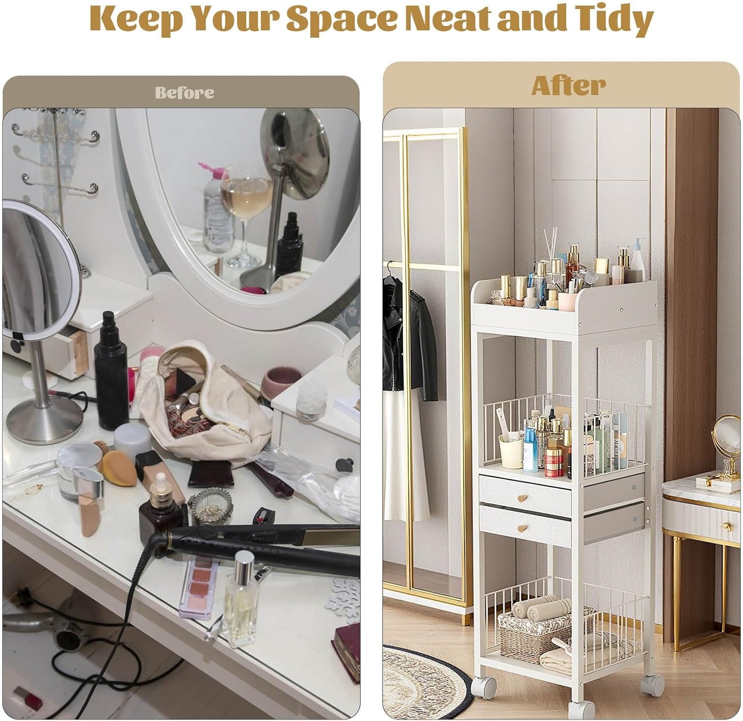 Makeup Organizer Storage Cart - 2 Drawer Versatile Vanity Display Case for Skincare, Cosmetics & Hair Tools | Floor Stand