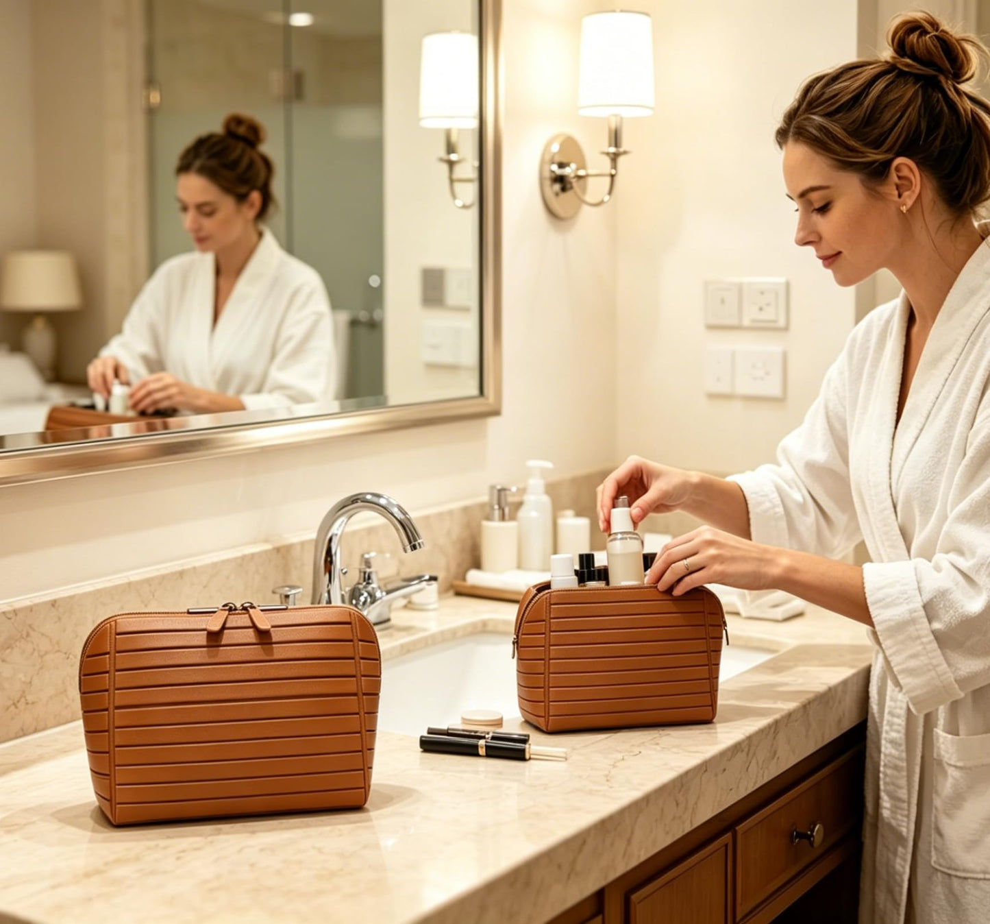 Erfgaiu Parallel Traveler Makeup Bag Fold Down Cosmetic Bag with Brush Holder Toiletry Bags Women Portable Stripe Organizer Case Brown S