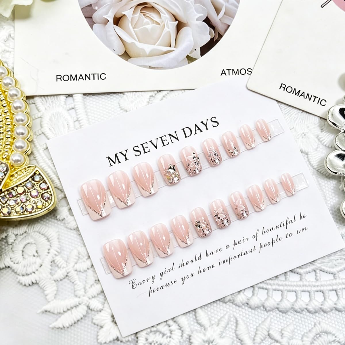 Short Square Press-On Nails - 24 Pcs French Tip with 3D Flower & Star Rhinestones | Full Cover Acrylic, Reusable
