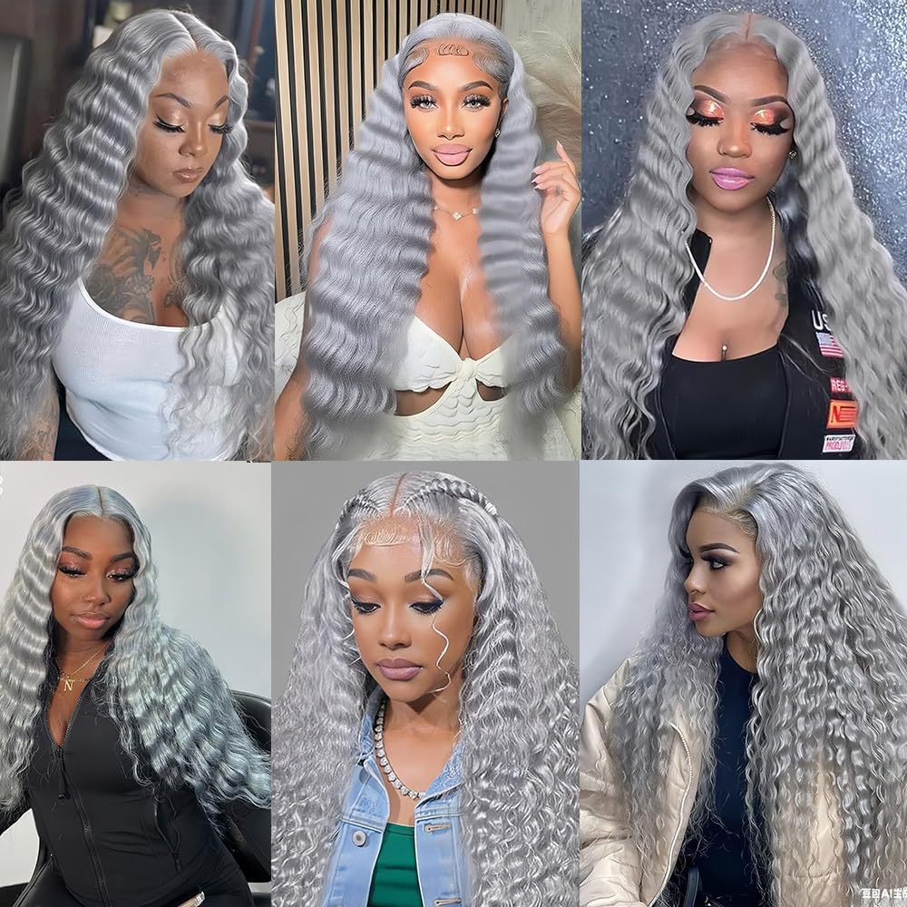 Gray Bundles Human Hair 30 32 34 Inch Silver Deep Wave Bundle Brazilian Unprocessed Virgin Hair 3 Bundles Light Grey Bundle