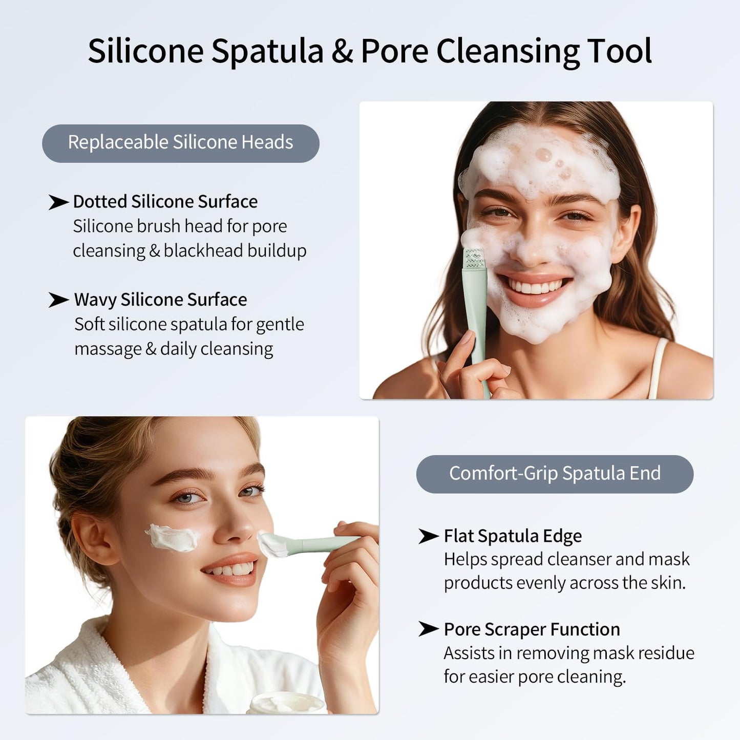 Vangines Blackhead Remover Tool, Stainless Steel Face Scraper, Skin Scrubber Face Spatula for Deep Cleansing, 3-in-1 Skin Care Tool with Blackhead Scraper, Mask Applicator & 2 Silicone Heads (Green)
