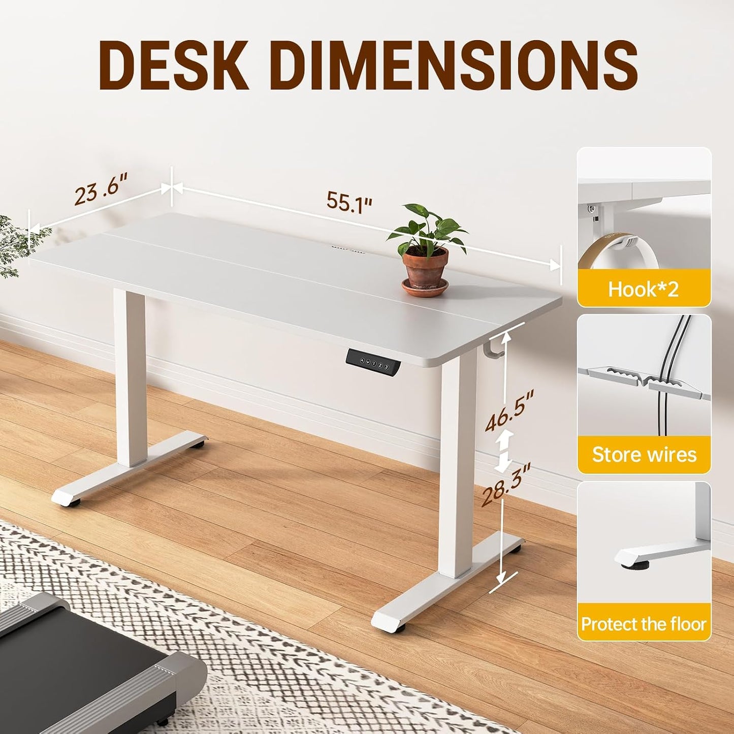 Veken Electric Standing Desk - 55 Inch Height Adjustable Home Office Table | White Wooden Desktop for Work & Study