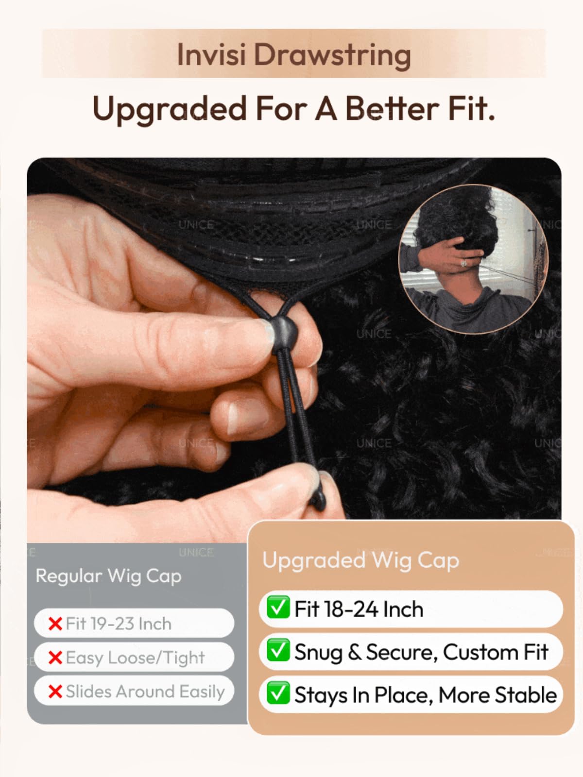 UNICE Burmese Curly Human Hair Wig with Finger Coil Ends Glueless 7x5 Lace Front Drawstring Wig Pre Plucked Pre Cut Put On and Go Black to Chestnut Brown Ombre 18 inch