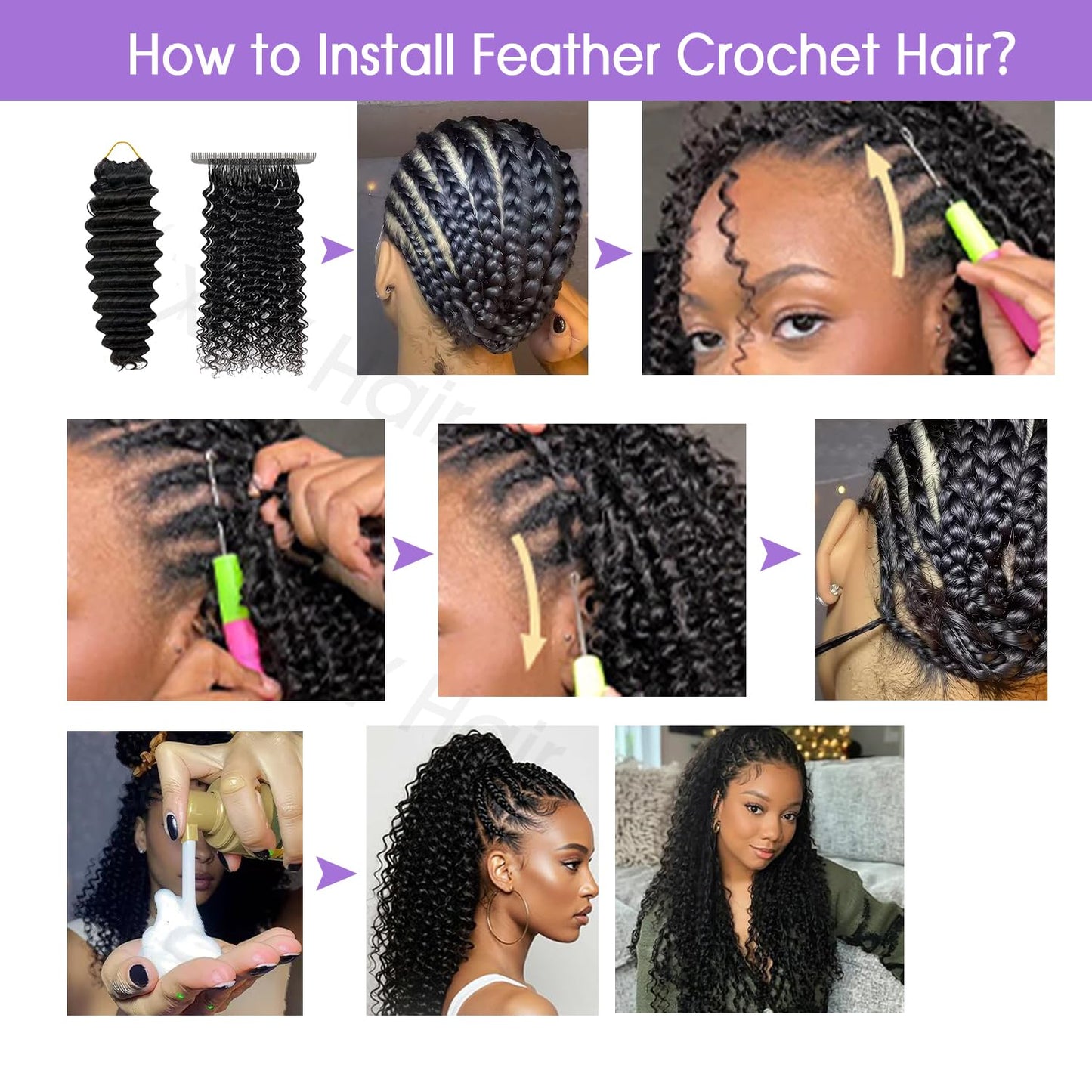 Human Crochet Hair for Black Women 18inch 50g Deep Wave Miracle Knots Crochet Human Hair, Invisible Knots Pre Separated Bundles Hair Extensions for Braiding Natural Colour