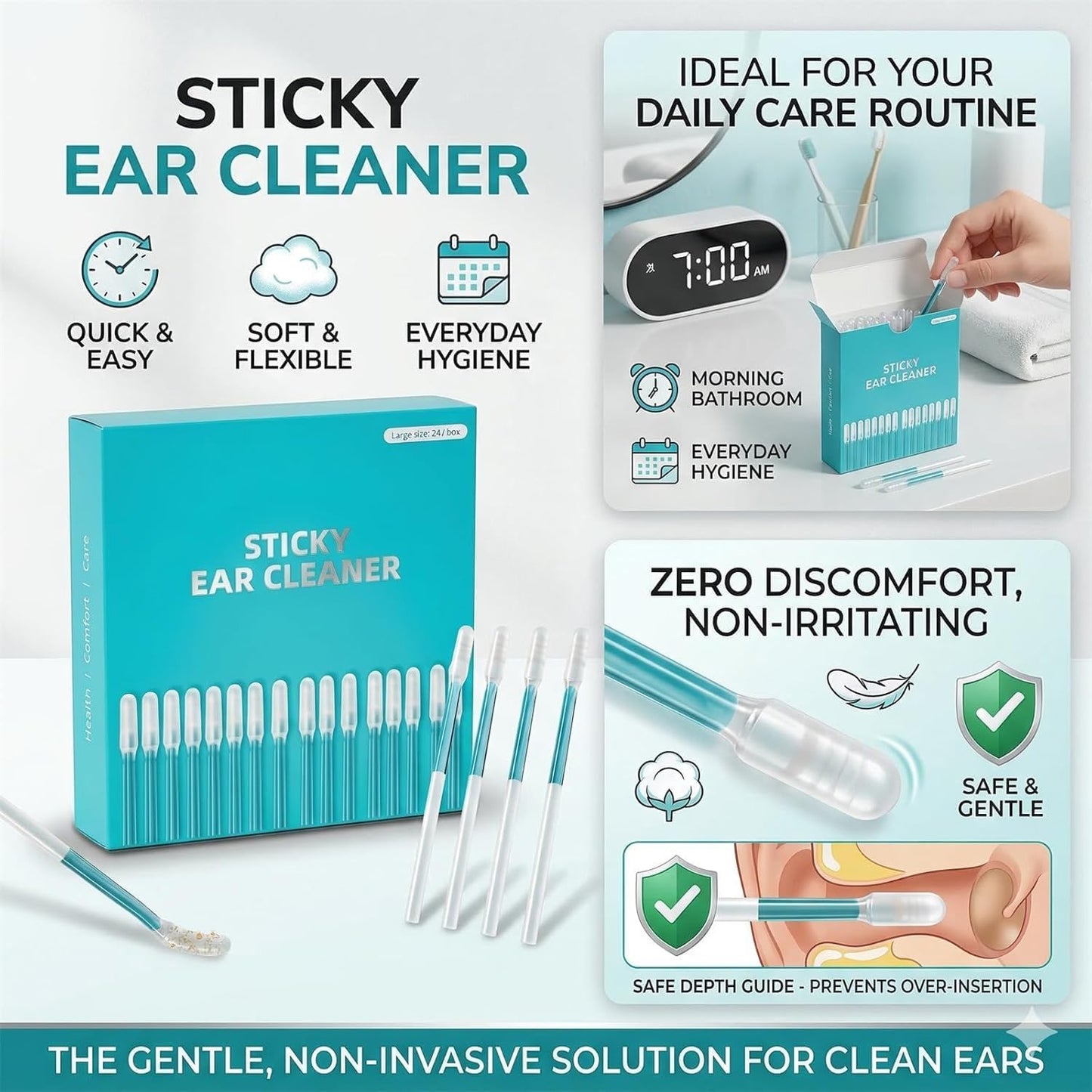 Reusable Sticky Ear Cleaning Stick - Gentle Adhesive Ear Wax Removal Tool | Soft Rubber Head, 72 Pcs in 3 Boxes