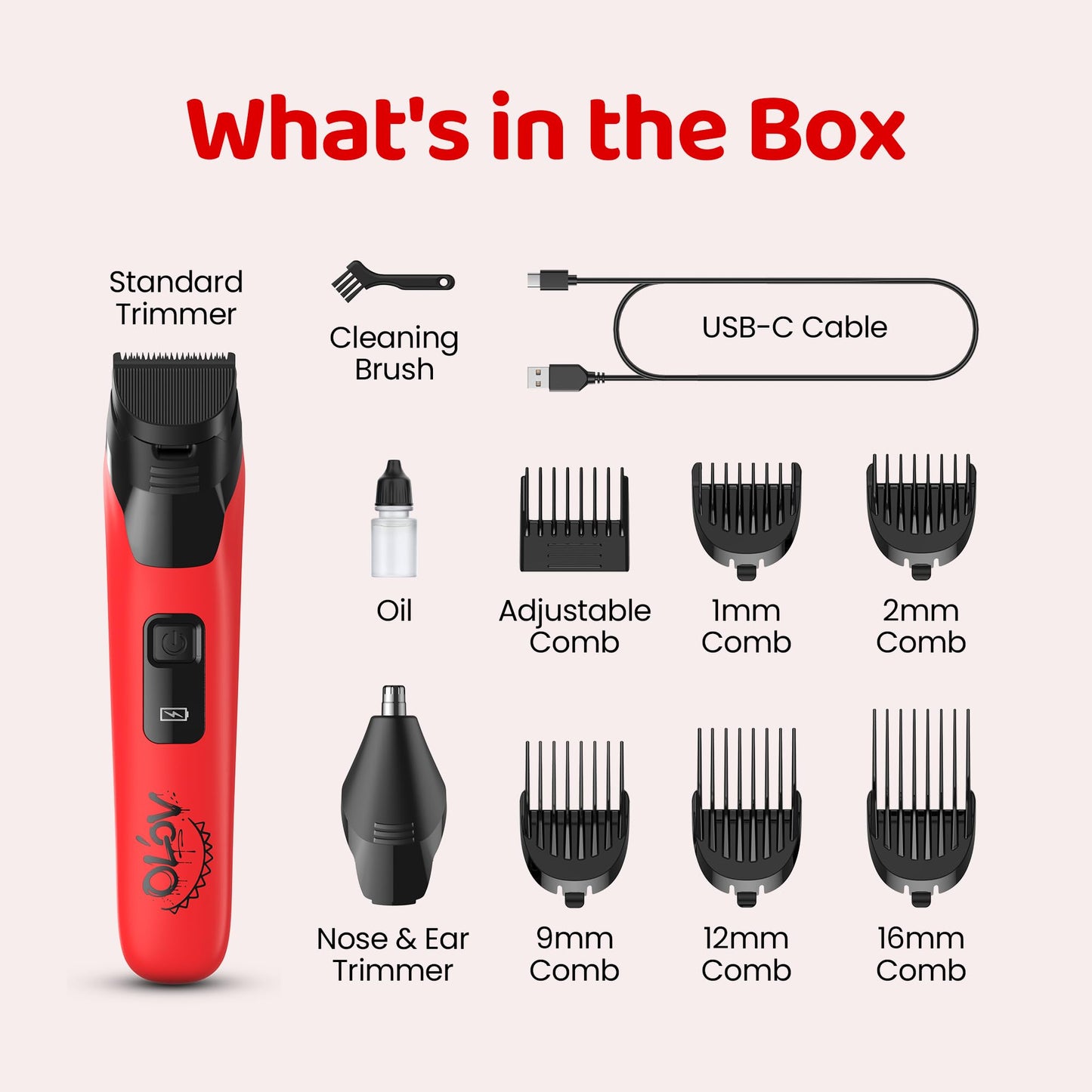 OLOV LITE Electric Beard Trimmer for Men,Nose Hair Trimmer & Electric Razor 10-in-1 Grooming Kit Cordless Shaver Gift-Ready for Men(Red)