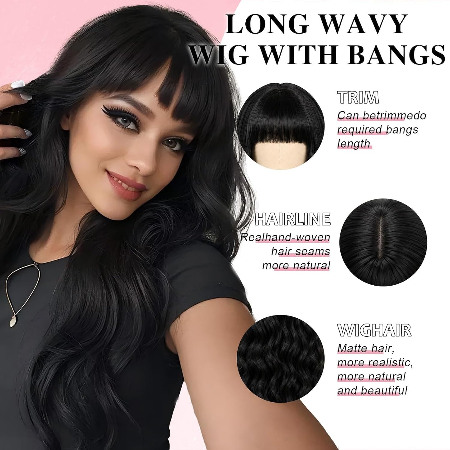 NOSTALGIA Black Wig - Long Curly Wavy Synthetic Wig with Bangs for Women | Perfect for Daily or Party Wear