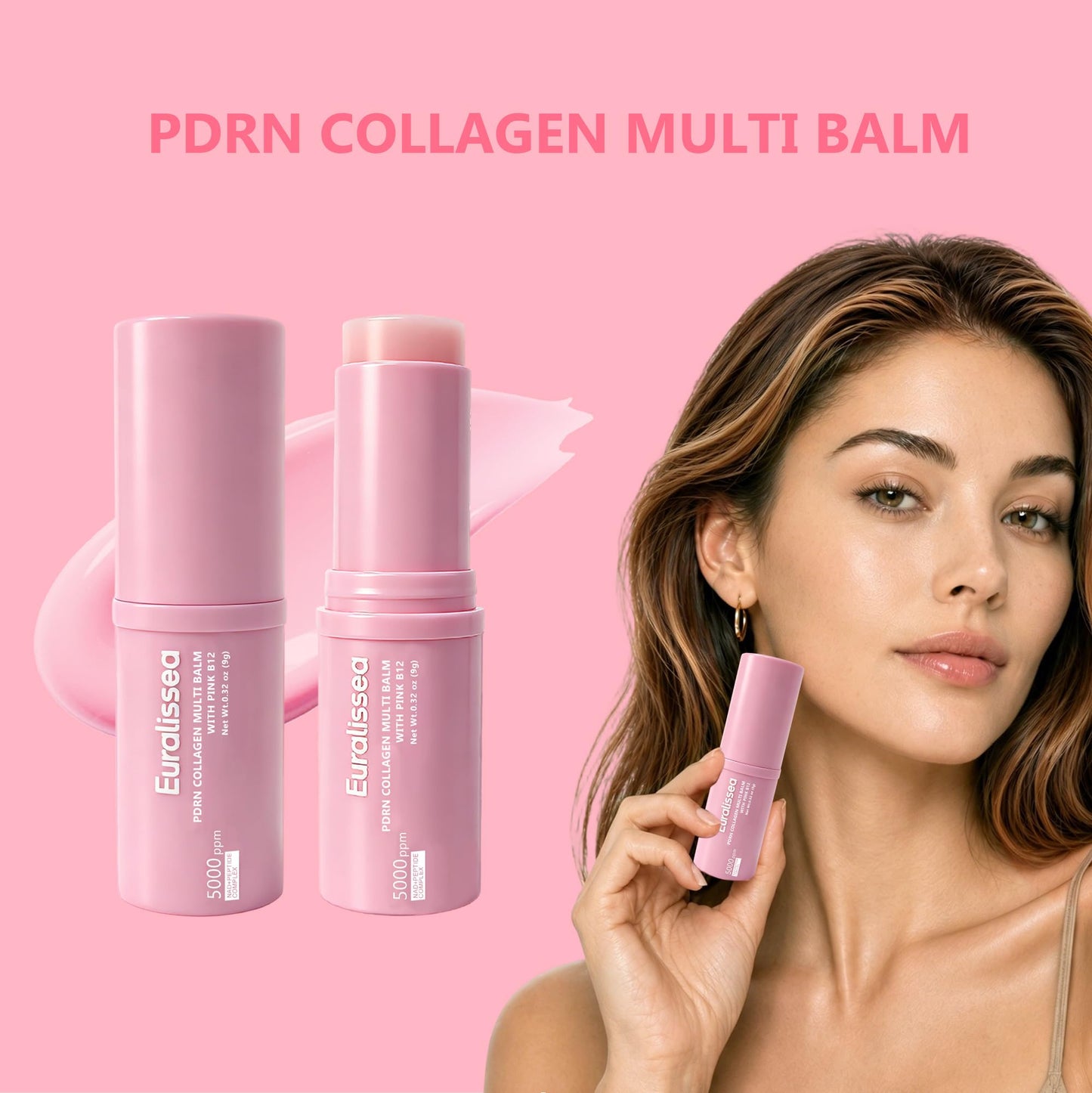 Euralissea PDRN Eye Balm Stick 2 Pack, Collagen Multi Balm with Pink B12, Hydrating Under Eye Care for Face, Neck & Smile Lines, 0.32 Oz Each