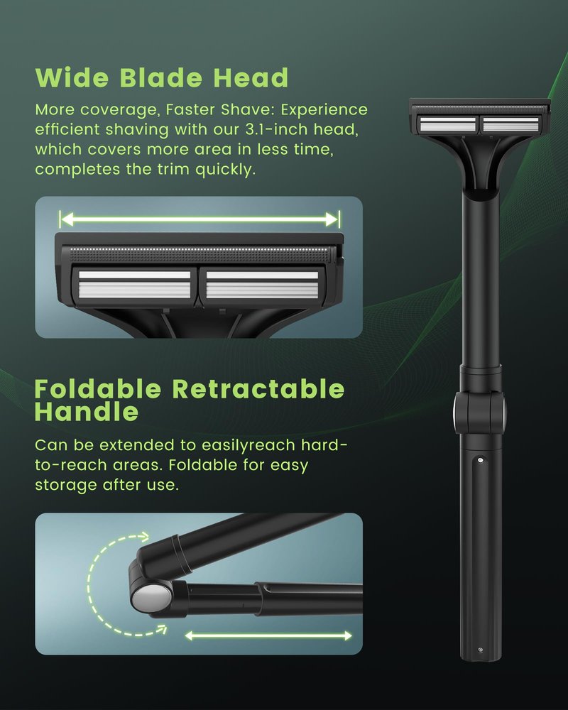 NUBACK Manual Back Shaver for Men with Long Extendable Handle, Body Back Hair Trimmer for Men with 4 Replaceable Blades, Self-Service Body Groomer Razor, Wet & Dry Shaver for Easy Hair Removal
