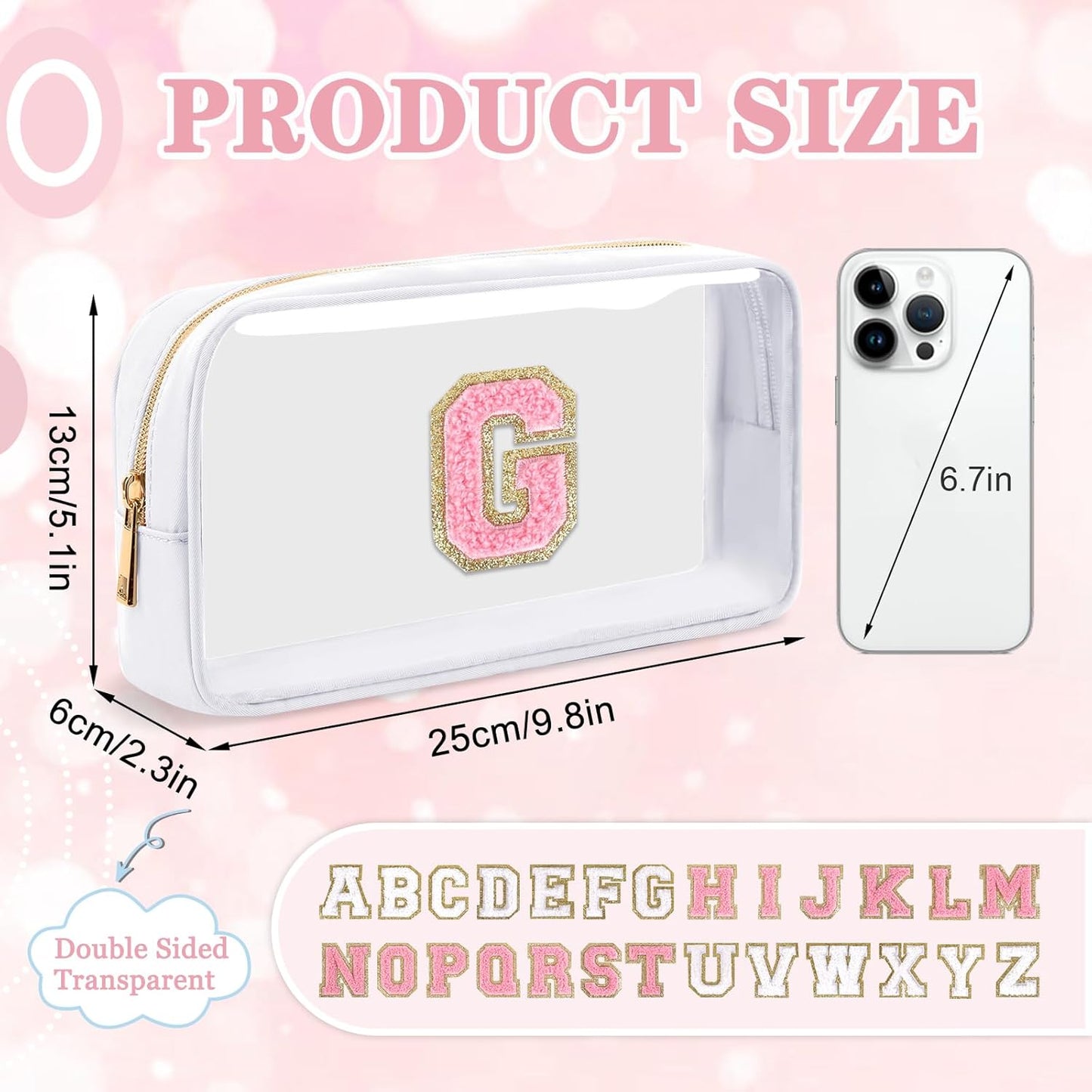 Personalized Initial Makeup Bag - Waterproof Nylon Cosmetic Pouch | A-Z Chenille Letter Patch, White-Pink G