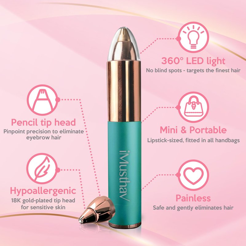 iMusthav Eyebrow Trimmer for Women, Precise & Painless Eyebrow Razor with LED Light, Electric Facial Hair Remover for Flawless Brows, Lip & Face, Battery Operated, Travel-Friendly, Gold-Plated Design