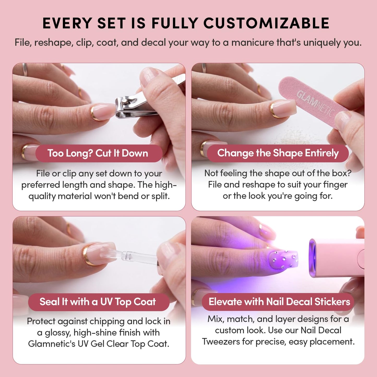 Glamnetic Press On Nails - Medium Almond Fake Nails | Glossy Light Pink Press On Nails, Salon Quality Kit with Glue | Iconic Pink - 30 Nail Set in 15 Sizes