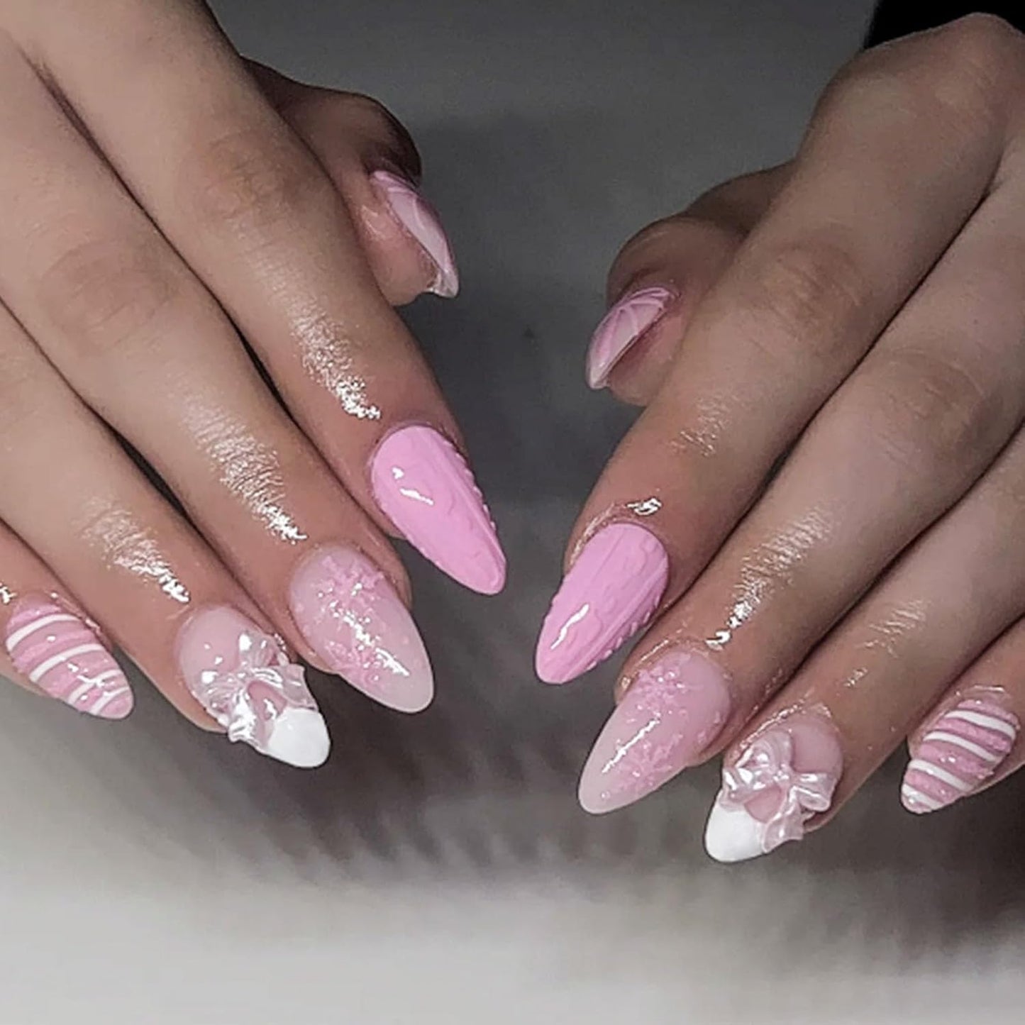 French Tip Press-On Nails - Medium Almond Shape with 3D Bow & Pearl Charms | 24 Pcs Spring Design