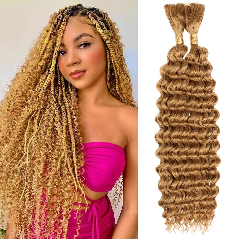 12A #27 Honey Blonde Human Braiding Hair for Boho Braids 24 24 Inch Deep Wave Braiding Hair for Bohemian Knotless Braids