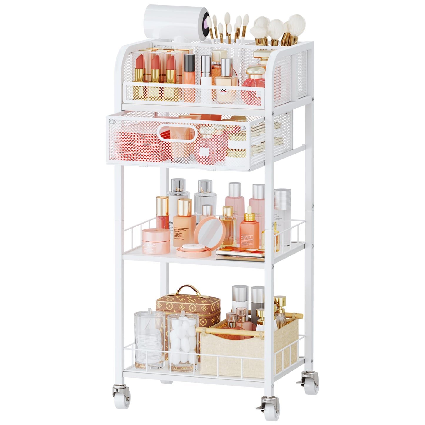 HapiRm Makeup Organizer Storage Cart - 4 Tier Skincare Make Up Storage with Drawer, Rolling Makeup Cart Vanity Organizer Cosmetics Display Cases Holder for Skin Care Perfume Nail Polish Brush