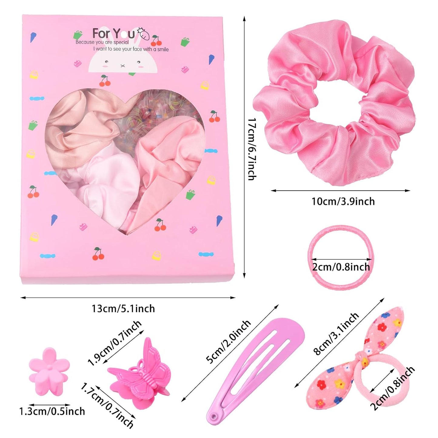 Colorful Elastic Hair Ties Set for Girls - 505PCS Cute Rabbit Ear, Mini Flower Clips & Satin Silk Scrunchies | Gift Box Included