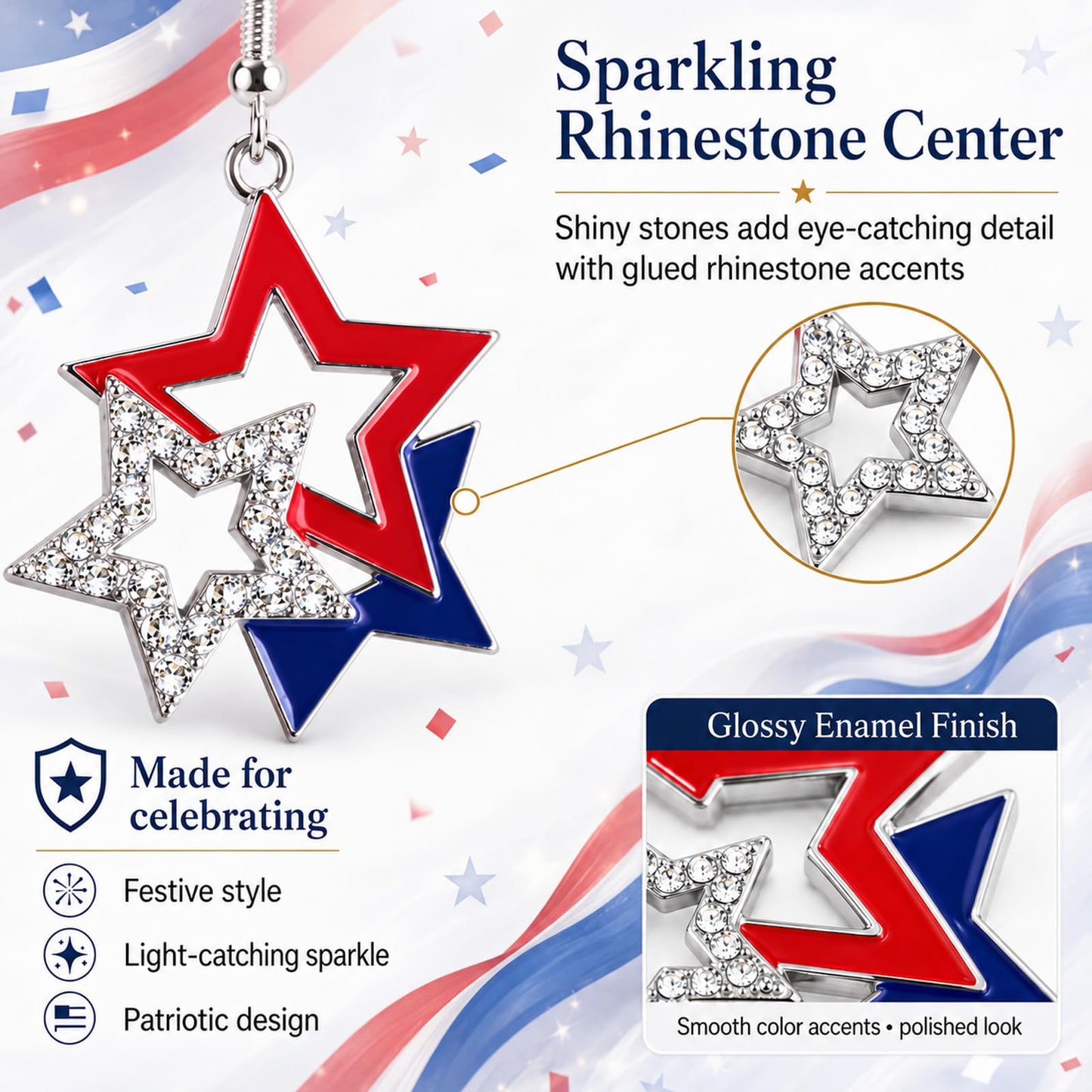 Paminify Patriotic American Flag Star Earrings and Red White Blue Glitter Freckles Face Tattoos,Independence Day 4th of July USA Earrings Outfit for Women,250th Fourth of July Accessories