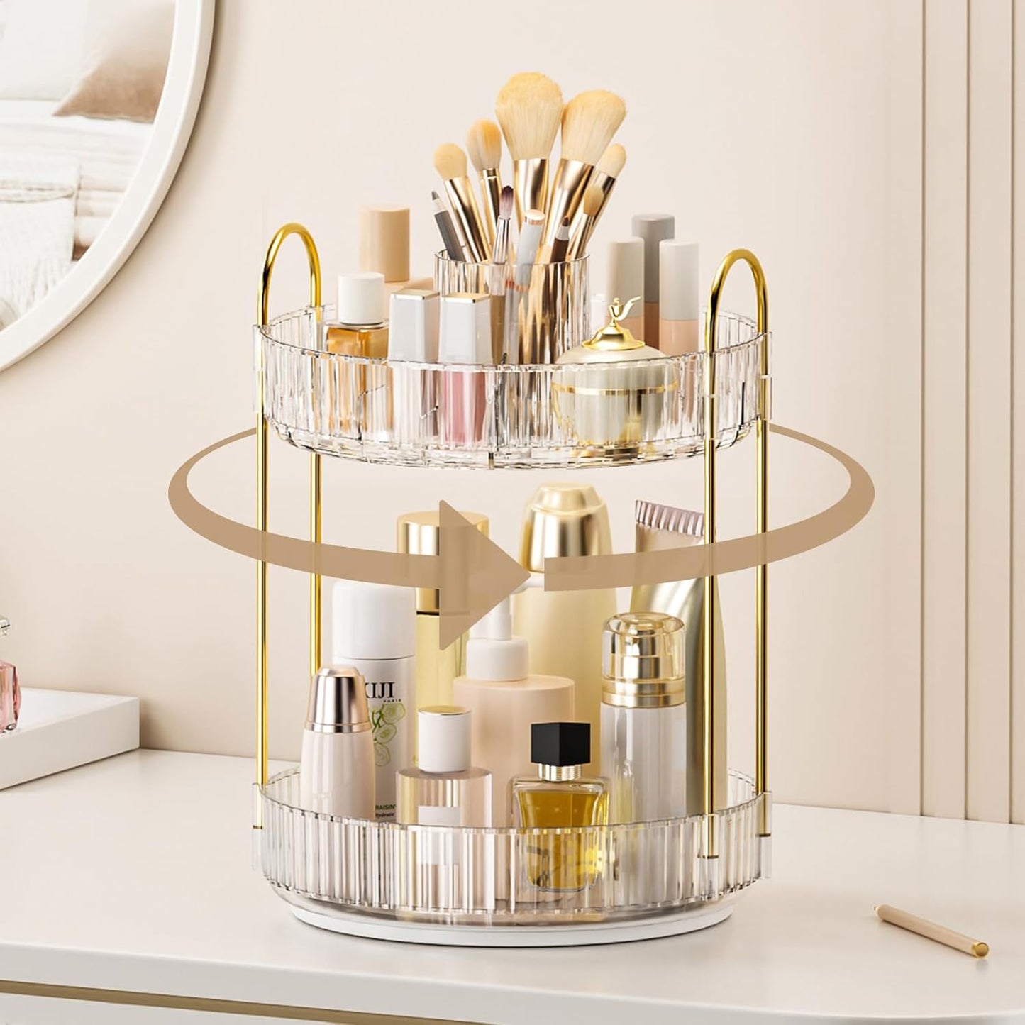 360° Rotating Makeup Organizer - Upgraded 3-Tier Skincare & Perfume Storage | Clear Dresser Organizer with Brush Holder (Amber)
