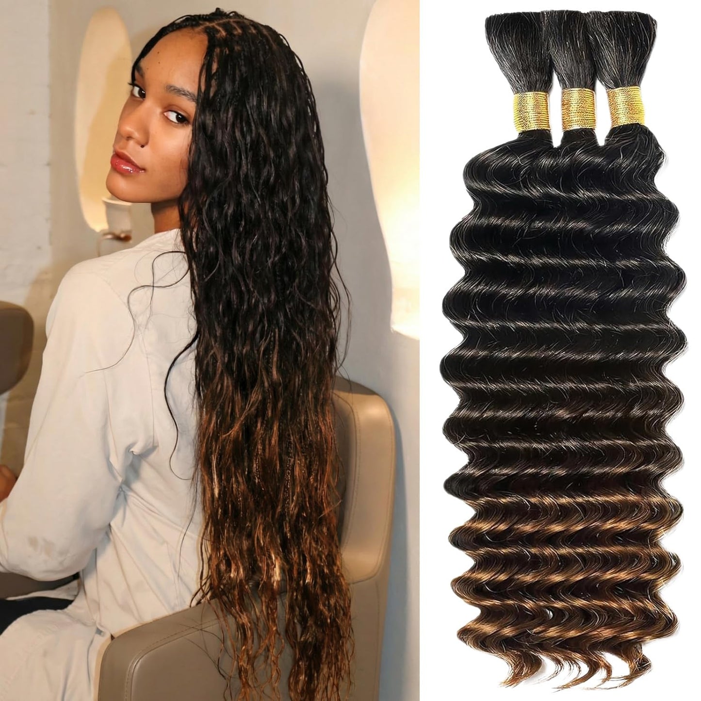 22 Inch Human Braiding Hair - Boho Deep Wave Bulk Brazilian Virgin Hair | 3 Bundles, 110g, Natural Color