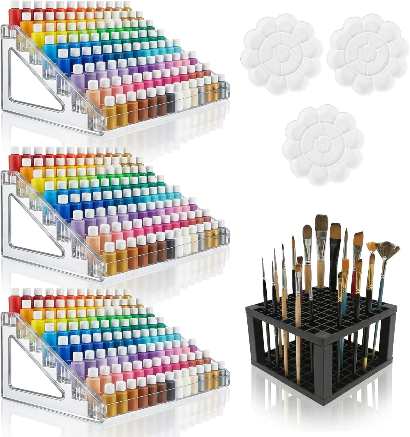 Clear Paint Organizer Set - 3 Pcs Acrylic Craft Storage Rack with Mixing Palettes & Brush Holder | 7 Layers for Oil & Model Paints