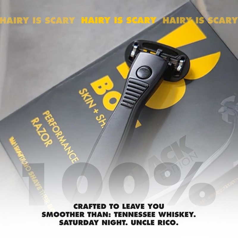 BOLT Skin + Shave - Performance Razor - Black Edition - 5-Blade Swedish Steel - Aloe & VIT E - Zinc Handle - Smooth Shave Kit - 2 Cartridges