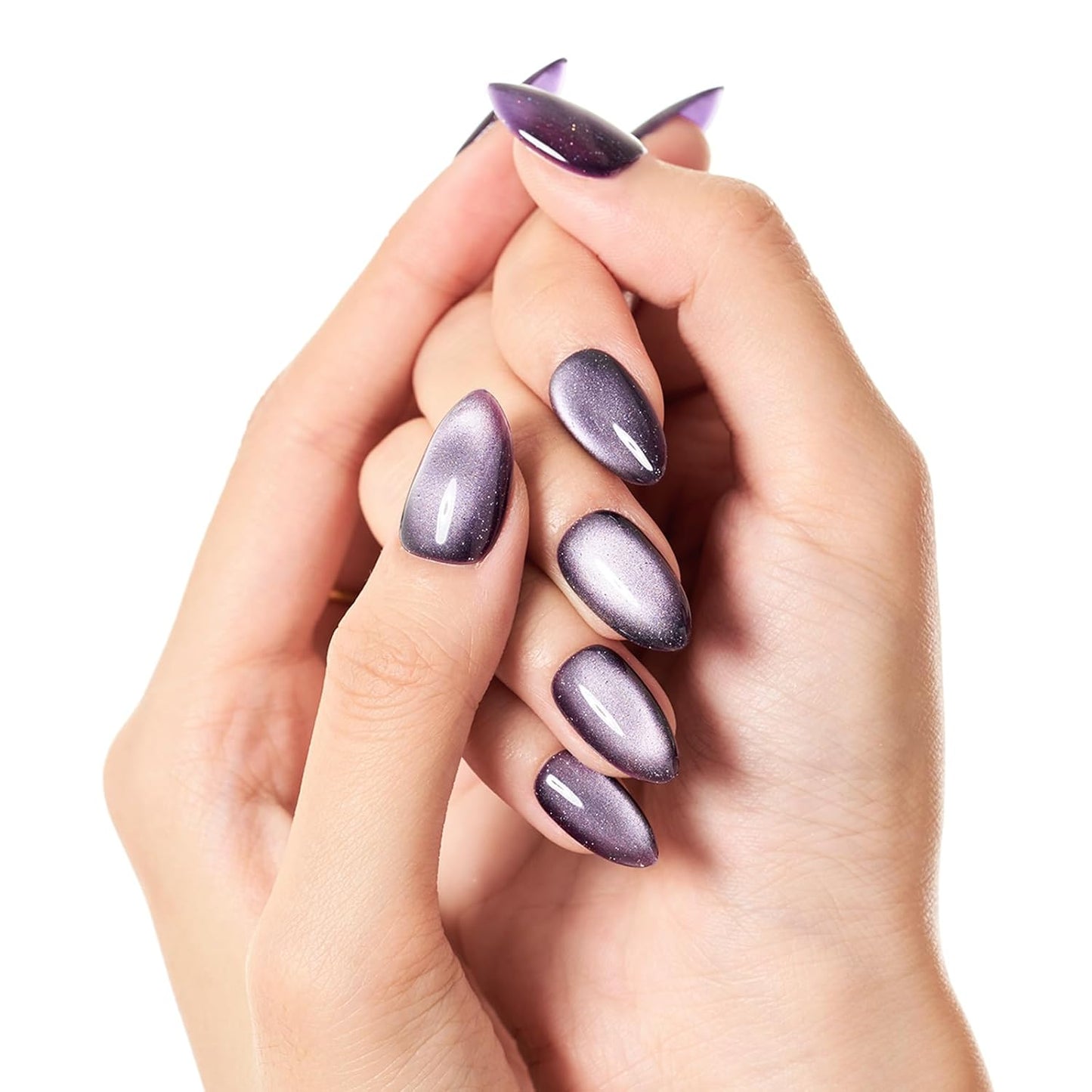 Dark Purple Magnet Cat Eyes Press-On Nails - Short Almond Shape | Handmade Jelly Gel Kit with Ombre Glitter