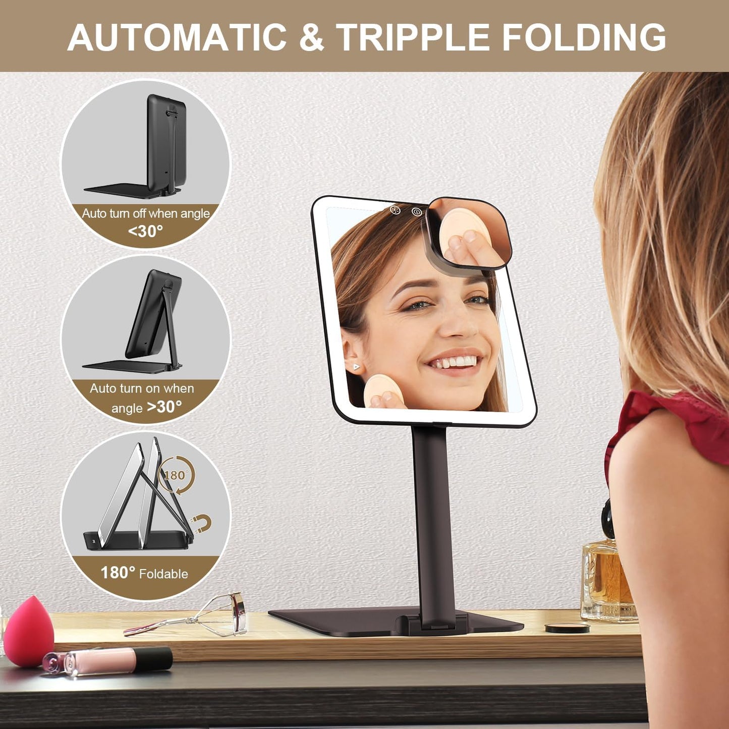 Mocado Travel Makeup Mirror - Lighted Triple Folding Vanity Mirror with 3 Color Settings | Rechargeable 1500mAh Battery, Adjustable Height & Angle (Black)