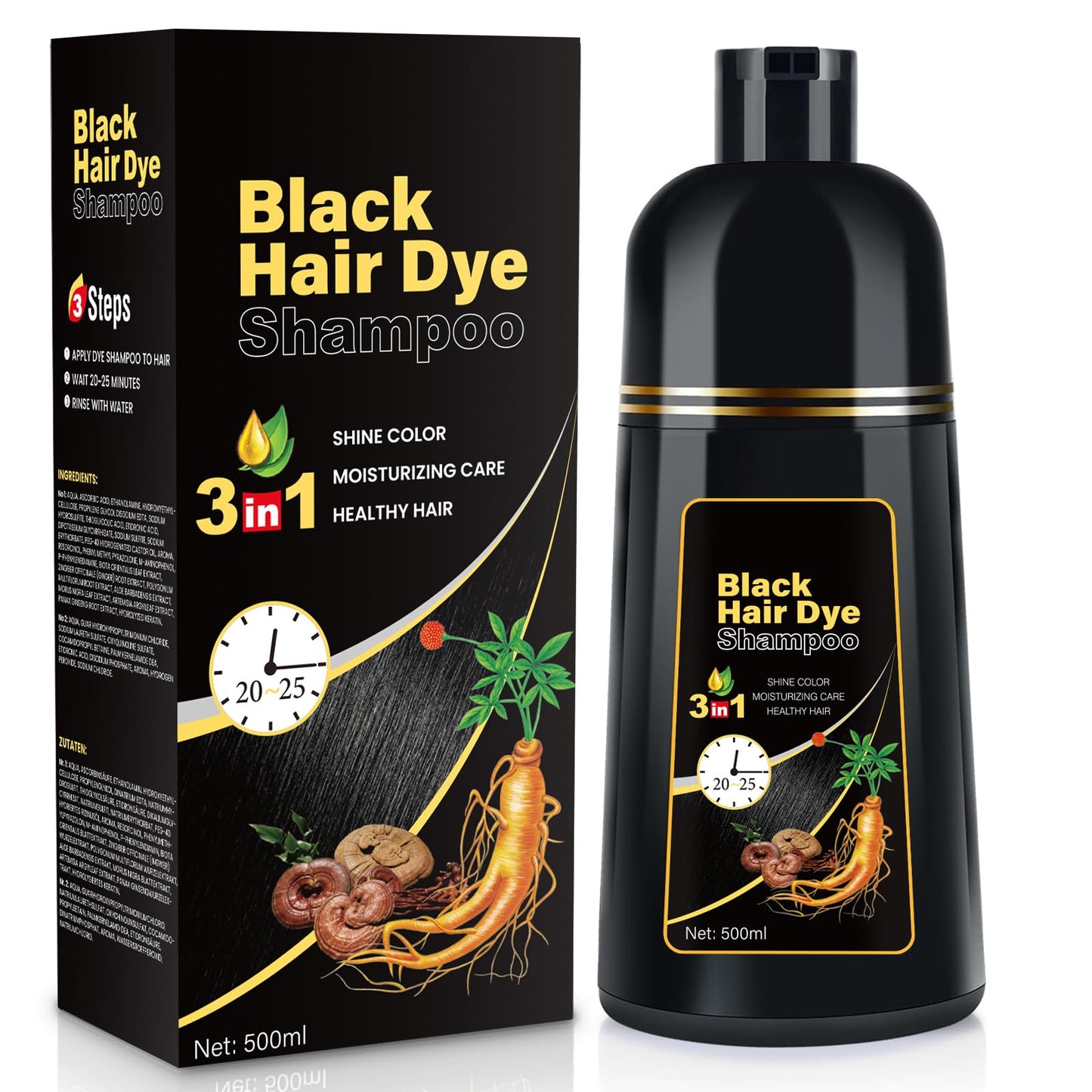 YOURTONE Black Hair Dye Shampoo 3 in 1, Hair Color Shampoo for Women & Men, Herbal Ingredients Shampoo para Pintar el Cabello for Grey Hair Coverage