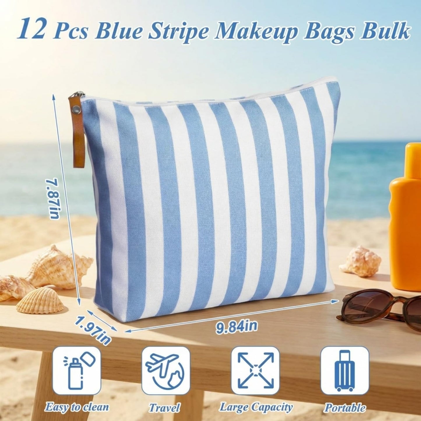 Hillban 12 Pcs Blue Striped Makeup Bags Bulk Canvas Cosmetic Bag Beach Themed Gifts Travel Toiletry Organizer Zipper Pouch Bags for Women Bridemaids Party Favors