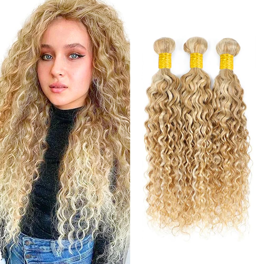 P27/613 Blonde Bundles Human Hair Water Wave Bundles 22 22 22 Inch Blonde Highlight Water Wave Bundle Unprocessed Brazilian Virgin Weave Hair 3 Bundle 50 Gram Per Bundle