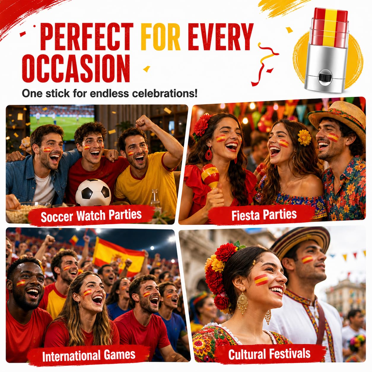 Red Yellow Red Face & Body Paint Stick, Sports Eye Black-Style Makeup Stick, Soccer Fan Makeup, Waterproof Sweatproof Cream Paint for Football Baseball Fans, Fiesta Party Flag Color Makeup