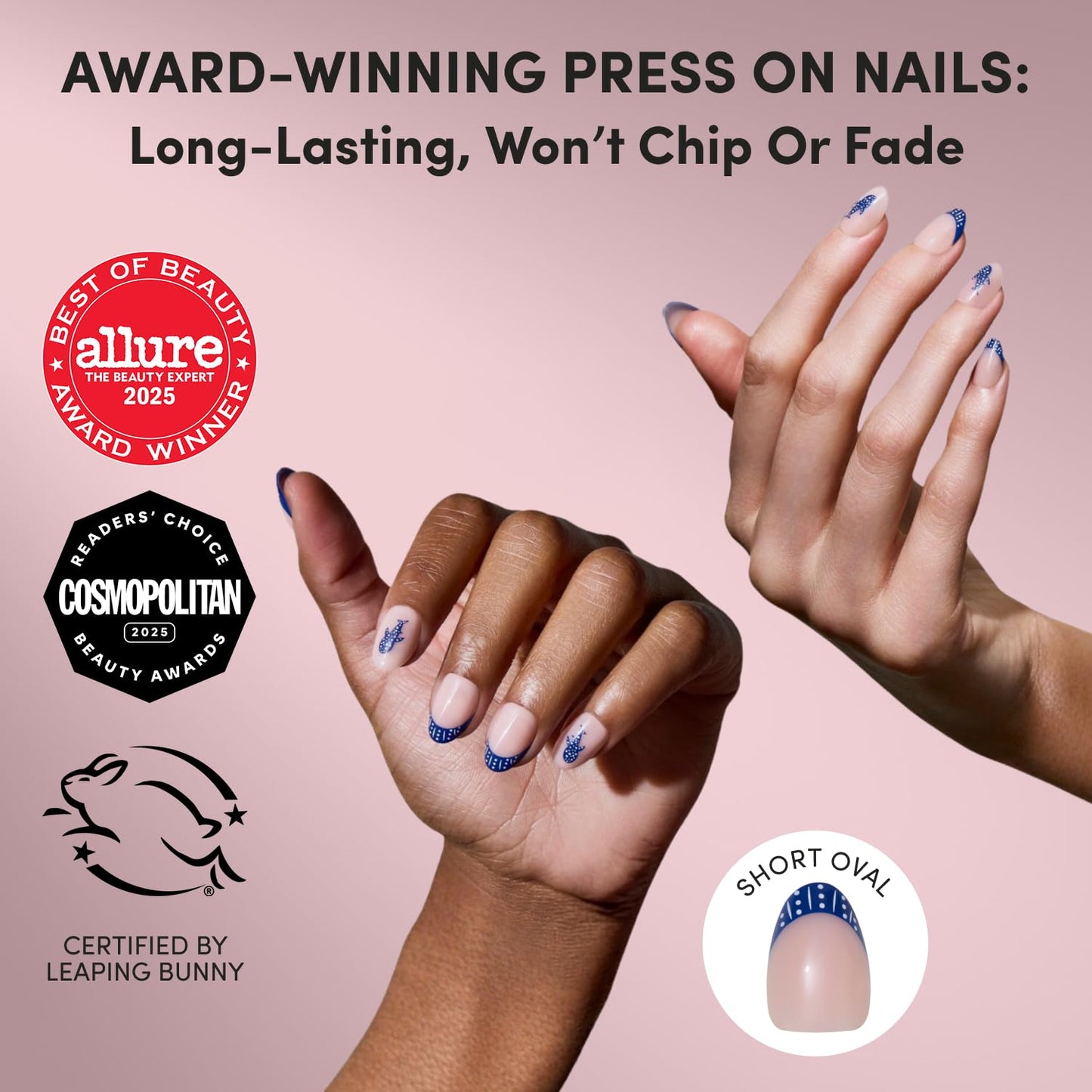 Glamnetic Short Oval Press-On Nails - Greek-Inspired Nude & Blue Polka Dot | Durable Salon-Quality Nail Kits