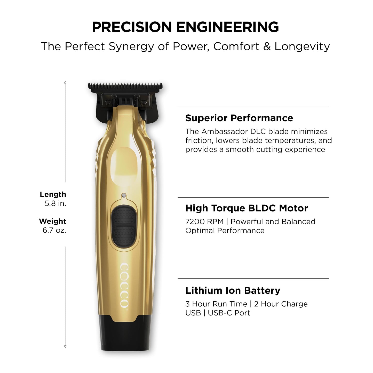 Cocco Veloce Pro Trimmer, Digital Gap Ambassador DLC Blade Edger, High-Torque Brushless BLDC Motor, Cordless, All-Metal Design, Lithium-Ion Battery, Charging Base Included, Gold
