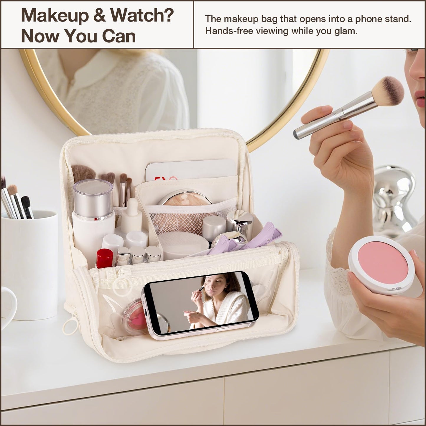 Abiudeng Standing Travel Makeup Bag Stand up Make up Bag Travel Toiletry Bag with Multiple Compartments Large Capacity for Women Business Trips Fitness and Daily Commutes (White)