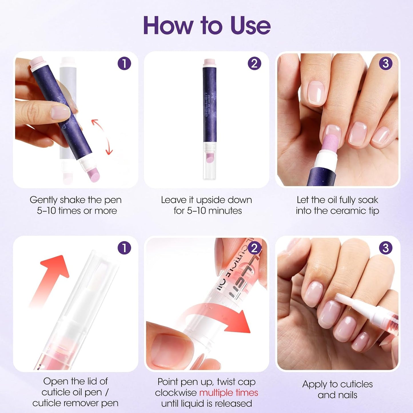Gellen Cuticle Pusher Oil Pen Set - 3 Pcs Ceramic Cuticle Remover & Moisturizing Oil for Home & Salon Care