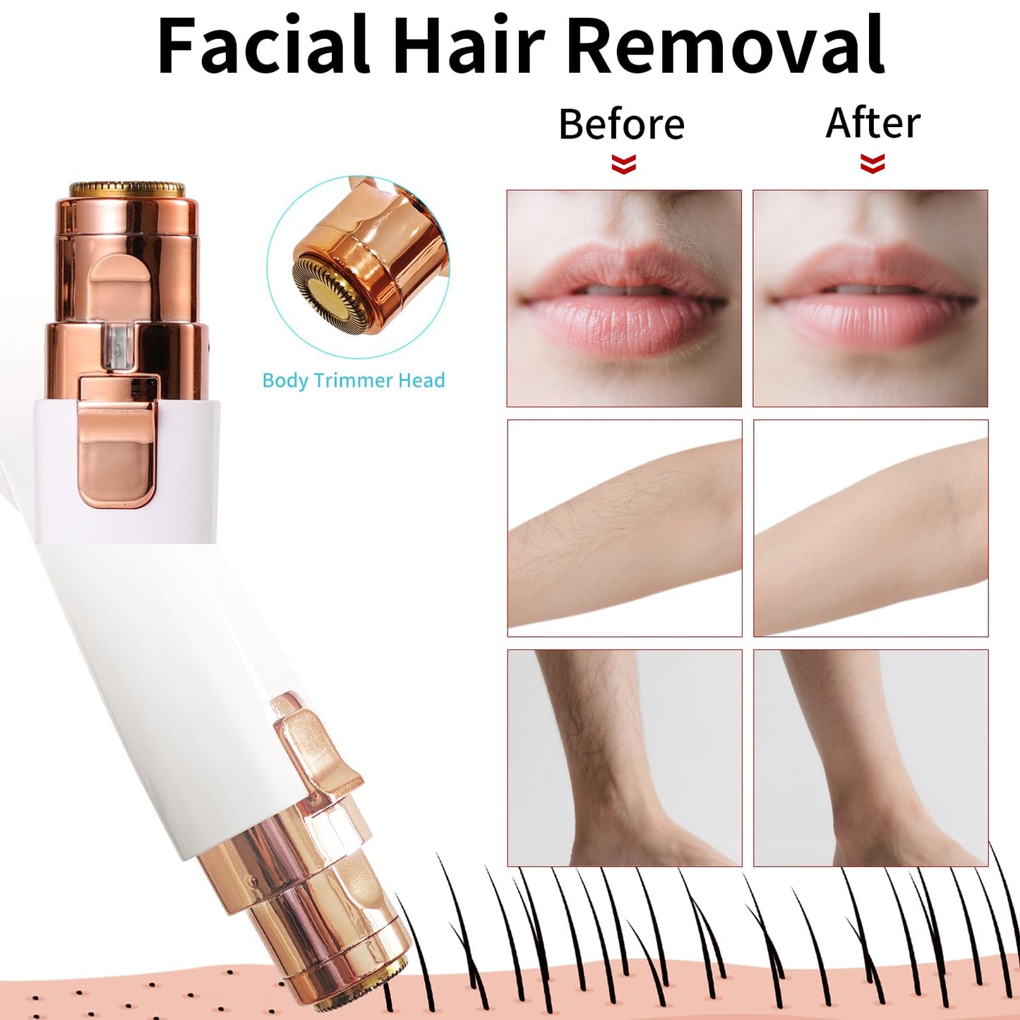 Facial Hair Removal for Women,2 in 1 Electric Hair Removal Device for Chin Upper Lip Peach Fuzz & Rechargeable Eyebrow Trimmer with LED Light for Precise Shaping