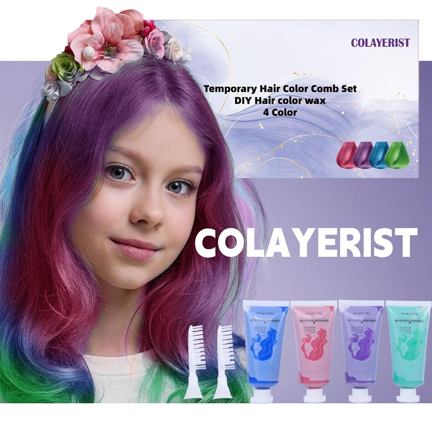 Temporary Hair Color Wax Kit - 4 Washable Hair Dyes in Green, Blue, Pink & Purple | Perfect for Kids & Adults 6-13 Years