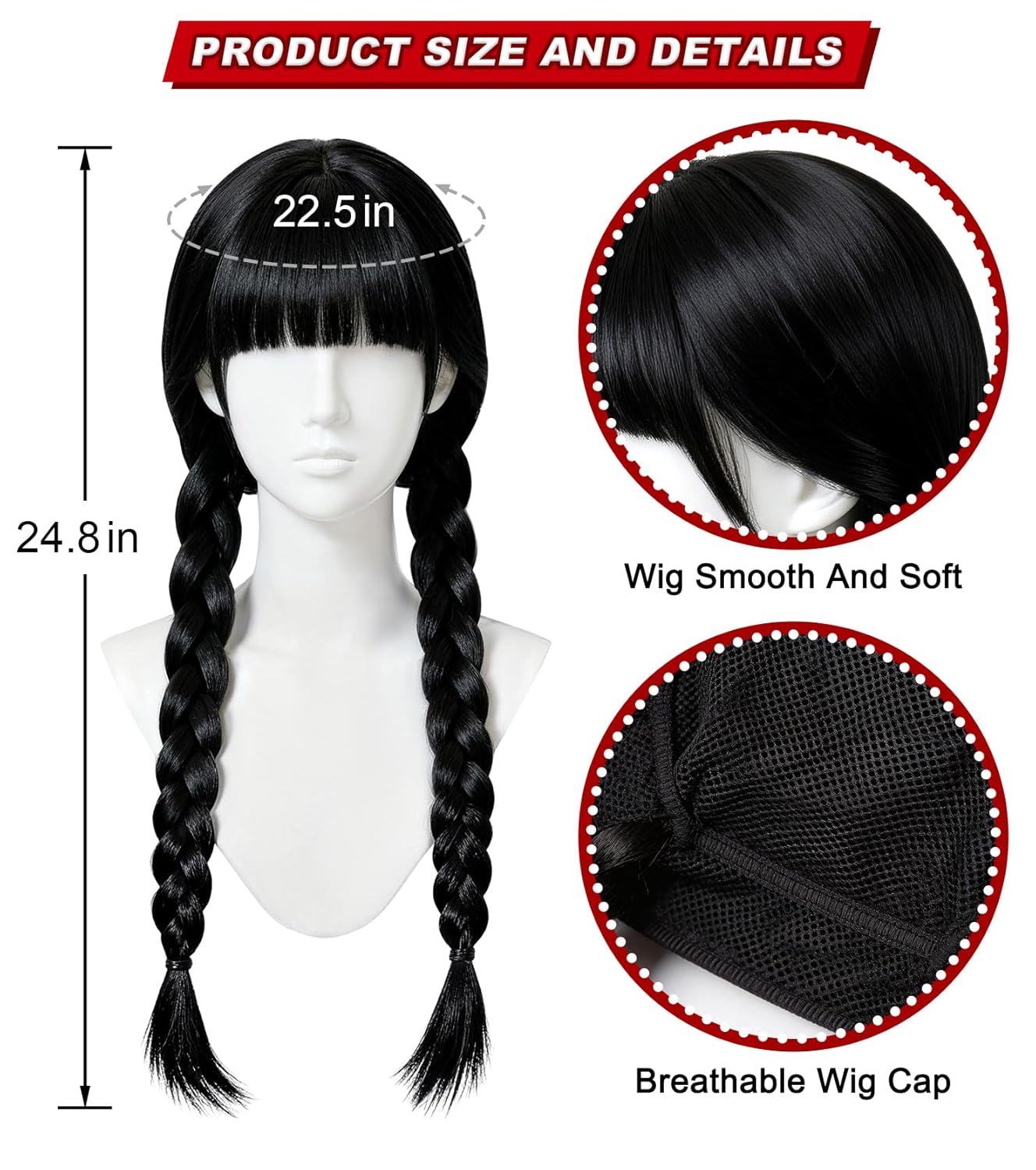 Women's Gothic Black Braided Wig - Long Straight Twin Ponytail Synthetic Fiber for Halloween & Party Costumes