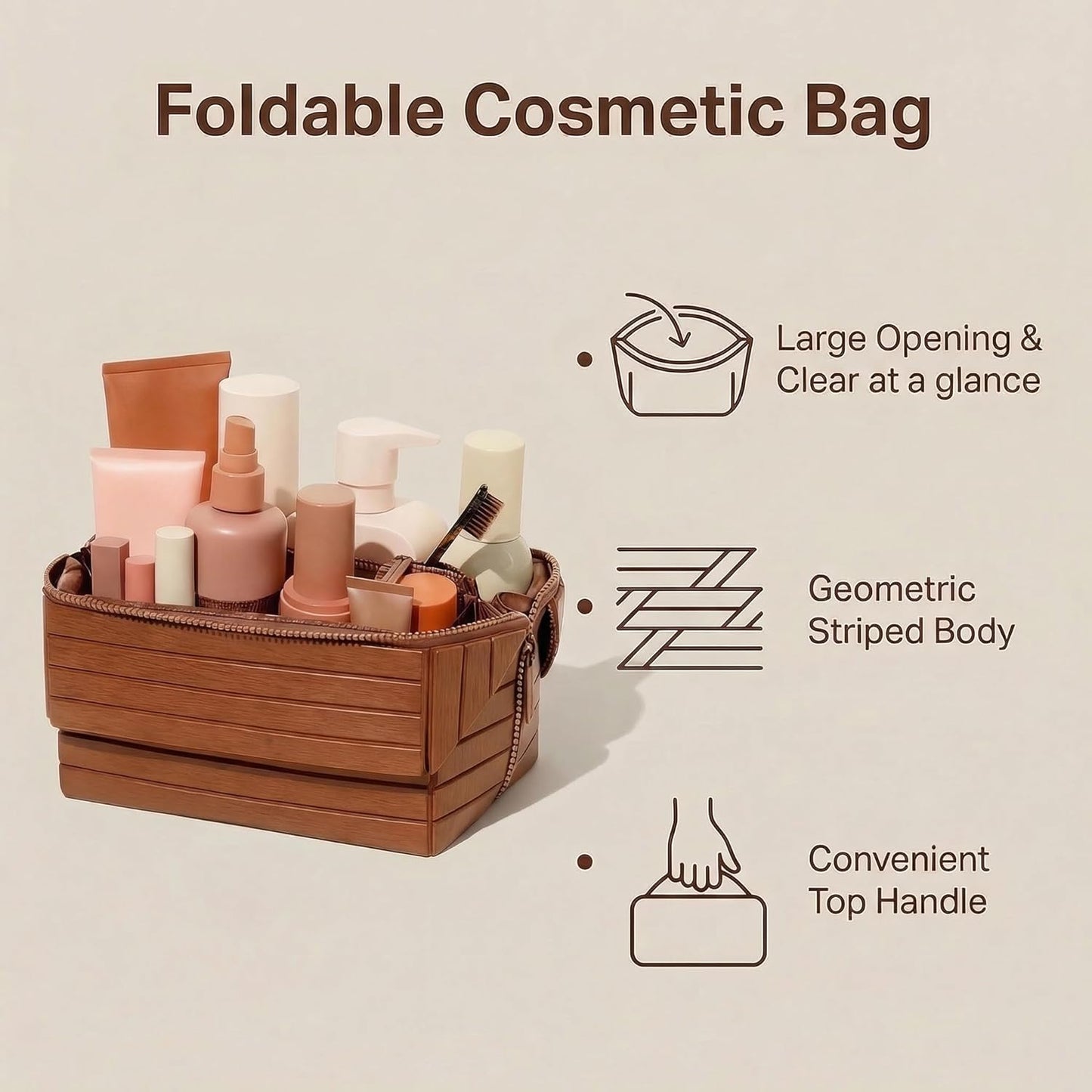 Travel Makeup Bag - Large Capacity Waterproof PU Leather Cosmetic Organizer | Foldable Toiletry Bag with Compartments (Brown)
