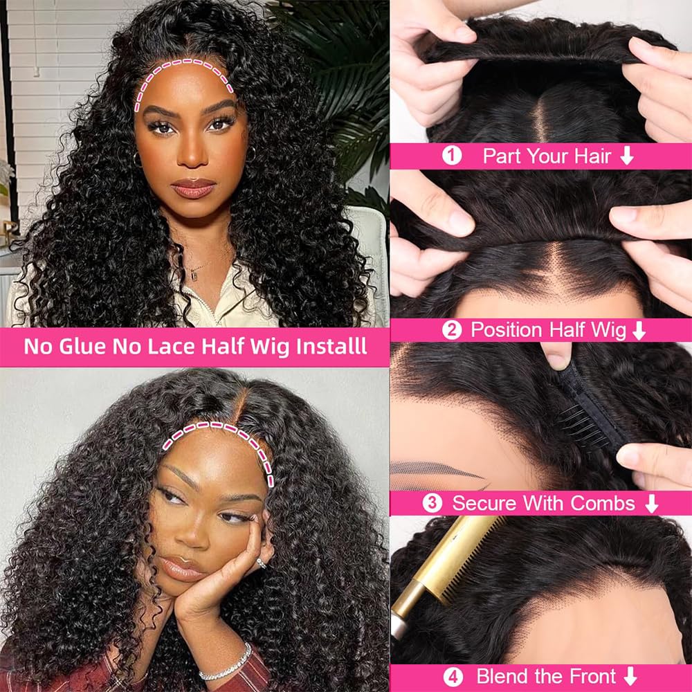PERISMODA Burmese Curly Half Wig Glueless Wigs Human Hair with Spiral Curly End 200% Density 3 IN 1 Kinky Curly Human Hair Half Wig With Drawstring Seamless Clip Ins Flip Over Natural Color