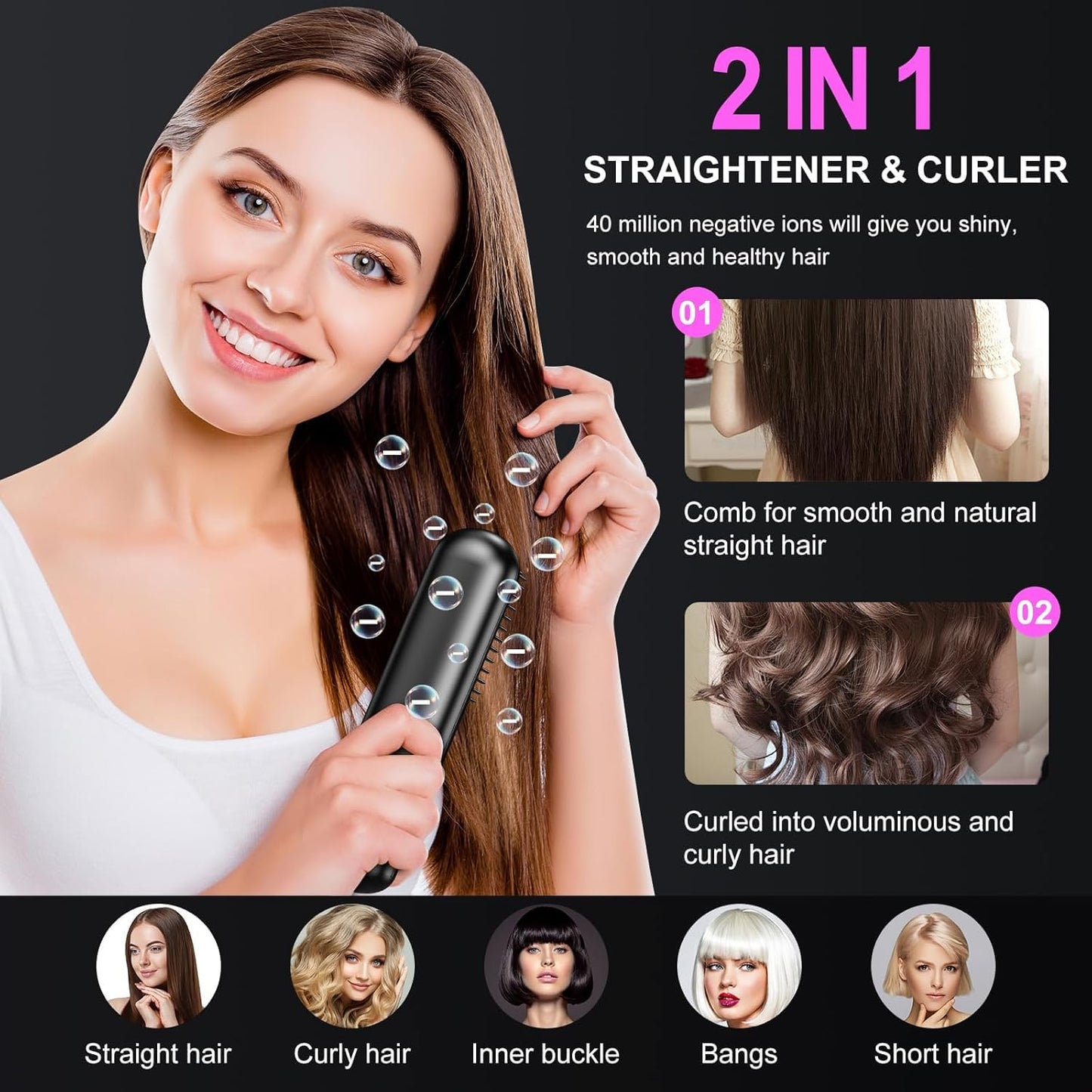 Go Brush Pro Cordless Hair Straightener Brush - Portable Rechargeable Ceramic Styling Brush with 4 Adjustable Heat Modes & LED Display, Perfect for Travel & Everyday Use (Cream White)