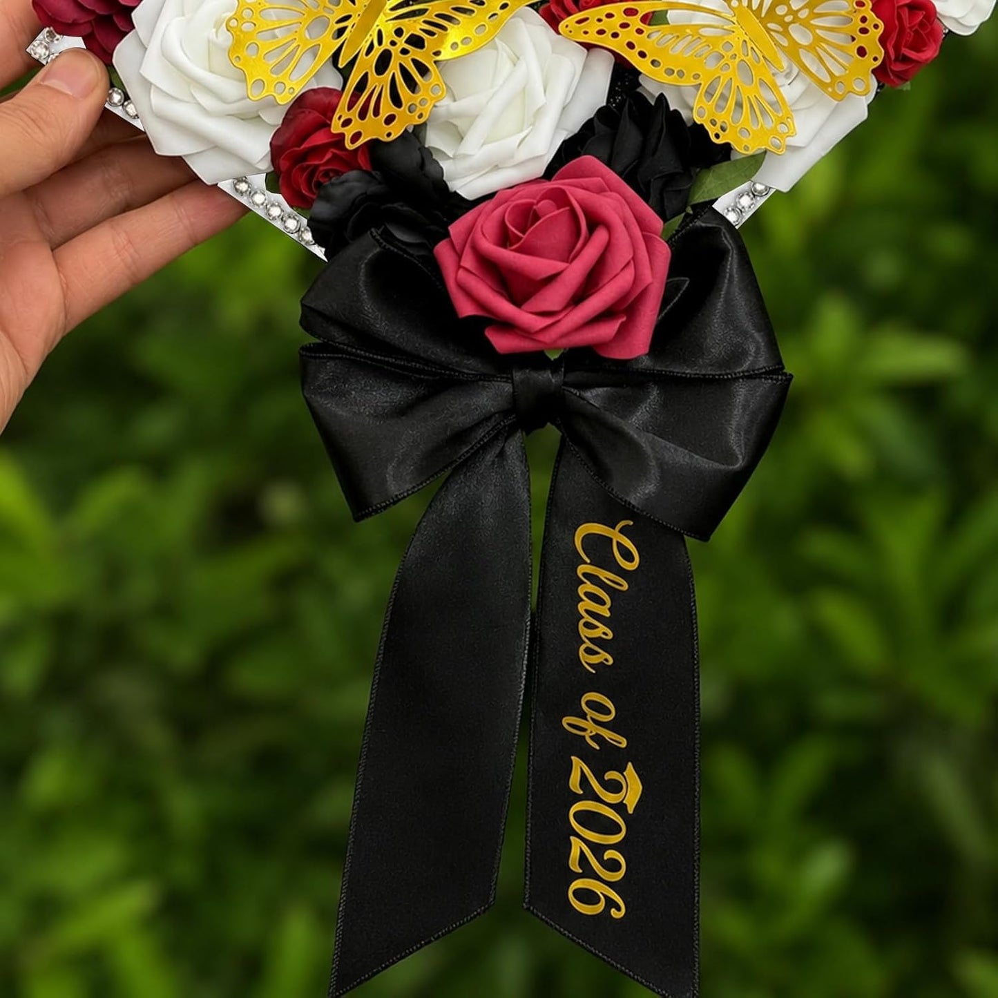 Graduation Cap Bow - Class of 2026 Satin Ribbon Hair Accessory | Black Embroidery Decor