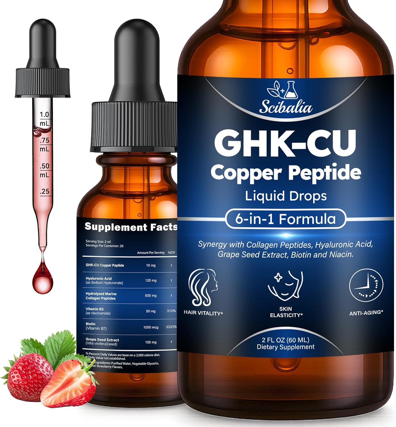 GHK-CU Peptides Supplement - 6-in-1 Copper Peptides with Collagen, Hyaluronic Acid & Biotin for Hair Growth, Skin Elasticity & Anti-Aging