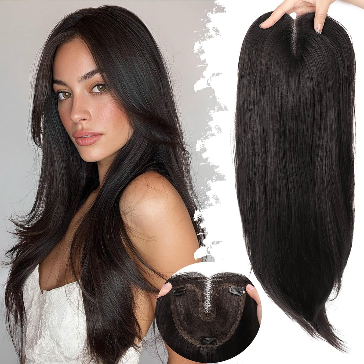 Ash Blonde Synthetic Hair Toppers with Platinum Highlights - 18" Long, 5x6" Base for Thinning Hair, Clip-In Wispy Bangs