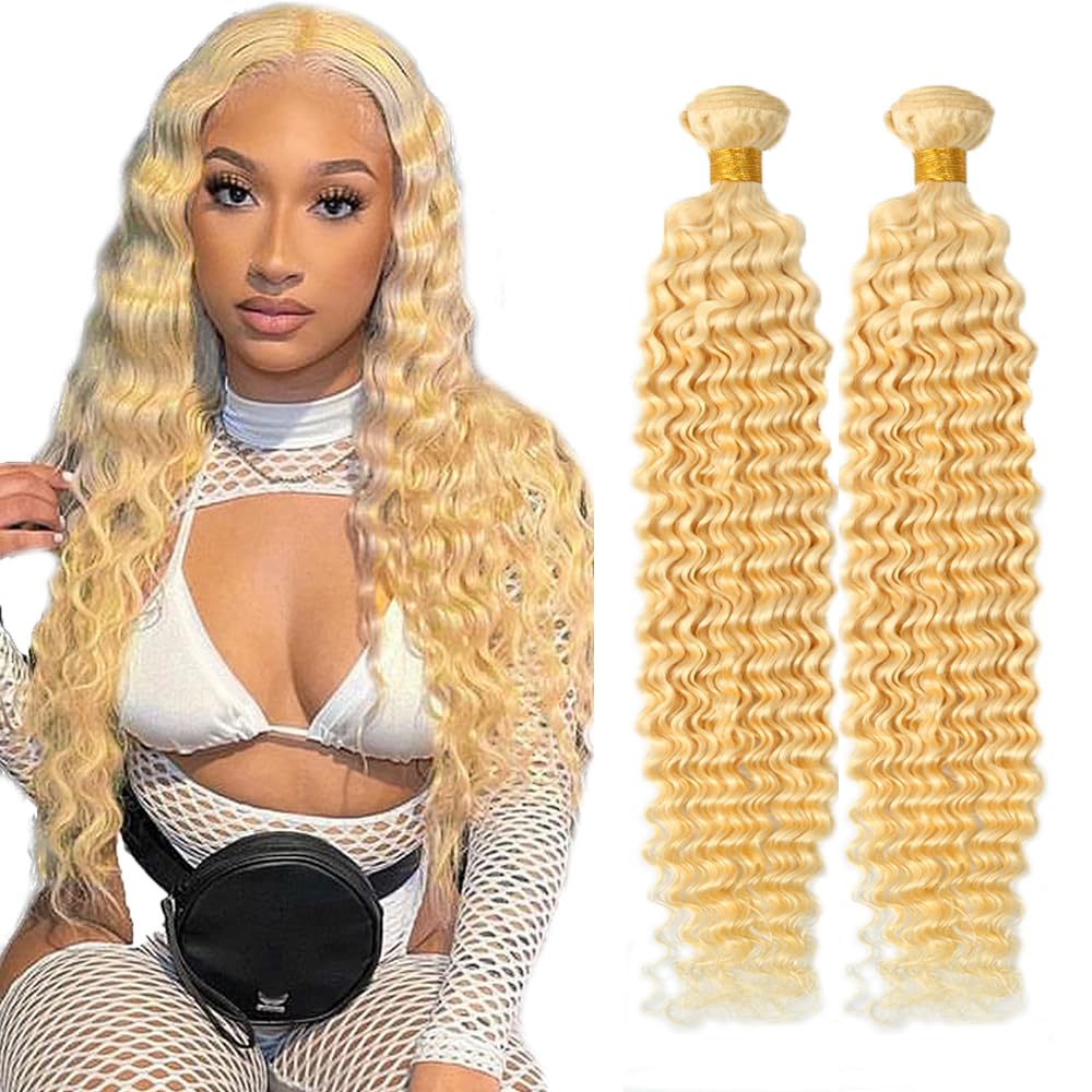 32 32 inch AuokMar Blonde Bundles Human Hair 613 Deep Wave Bundles Peruvian Virgin Hair 2 Bundle 613 Blonde Wet and Wavy Bundle