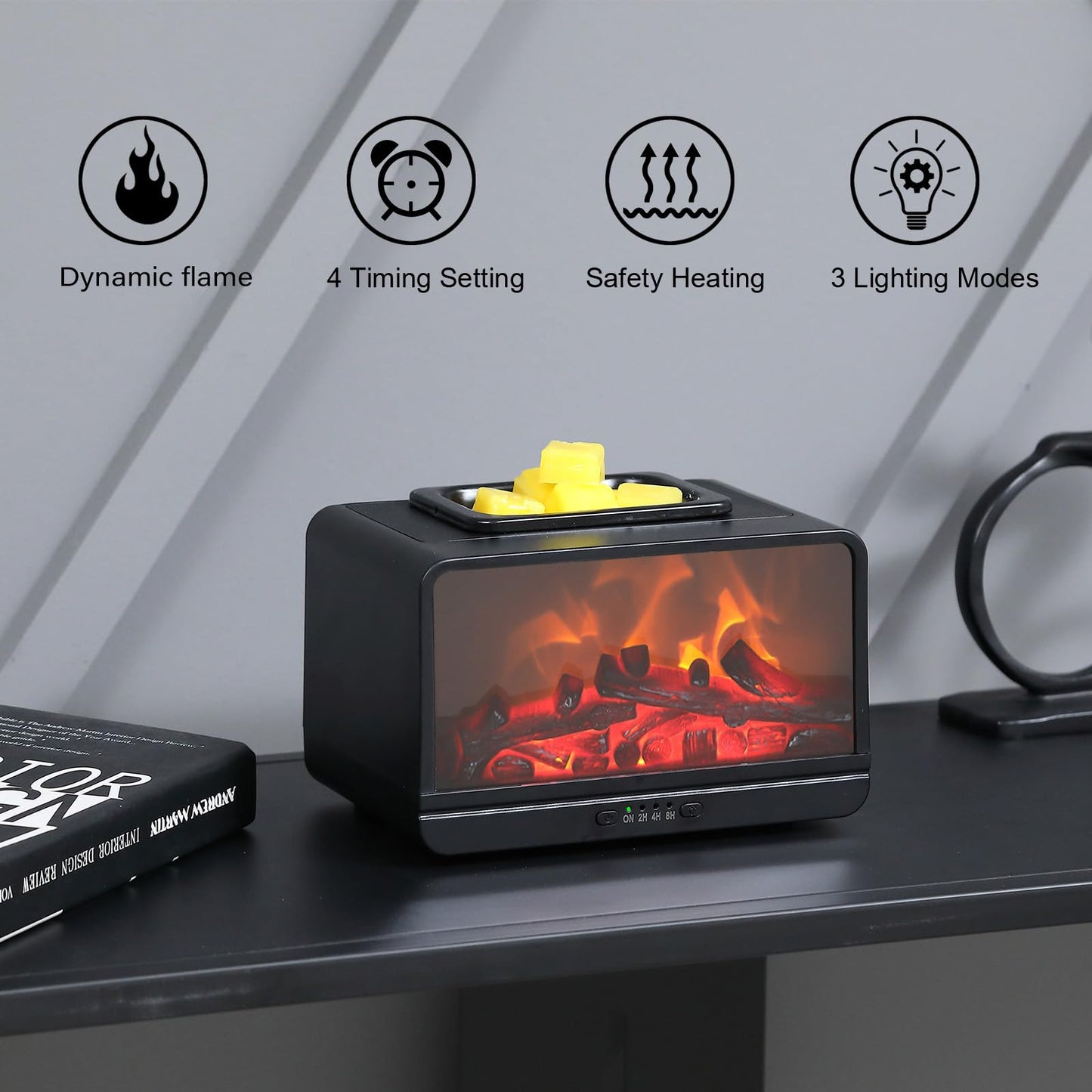 MeplLivs Dynamics Flame Fireplace Electric Wax Melt Warmer PTC Heating Plate Monochromatic Wax Burner Fragrance Wax Warmer for Home Office Gifts & Decor(Black)