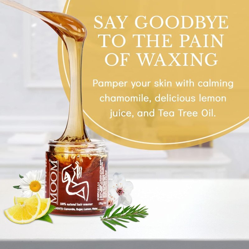 MOOM USDA Organic Sugar Wax Hair Removal, 6 oz Soft Wax Jar with Tea Tree Oil - Sugaring Paste for Face, Bikini & Brazilian, Body & Leg Wax for Women & Men (Strips & Sticks NOT Included)